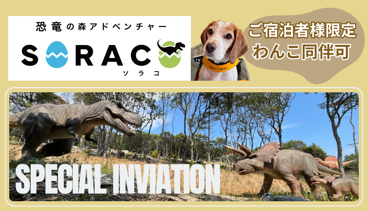 ご宿泊様限定「恐竜の森アドベンチャーSORACO」に、わんこ同伴でご招待